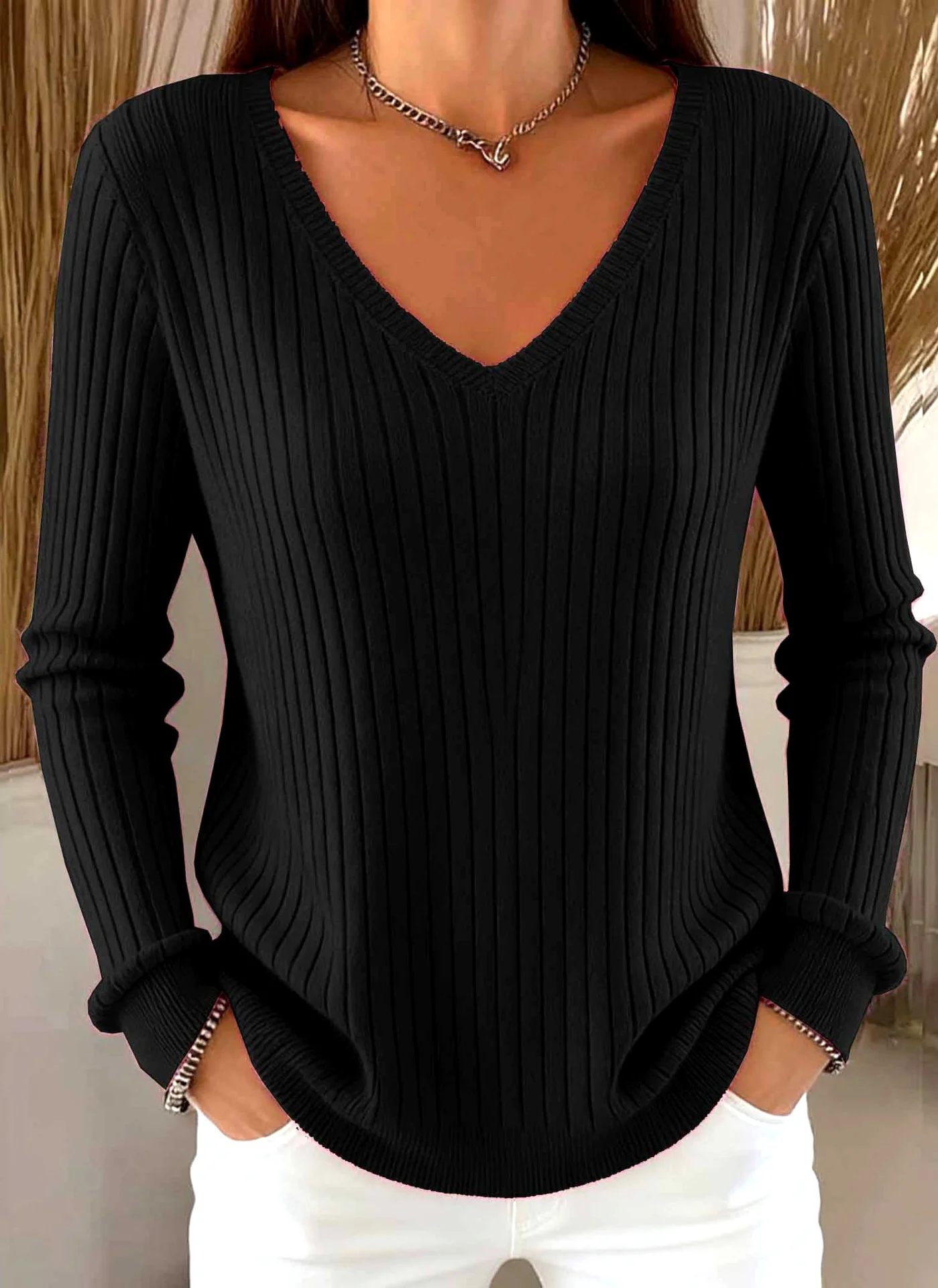 Casual Plain V Neck Long Sleeve T-shirt
