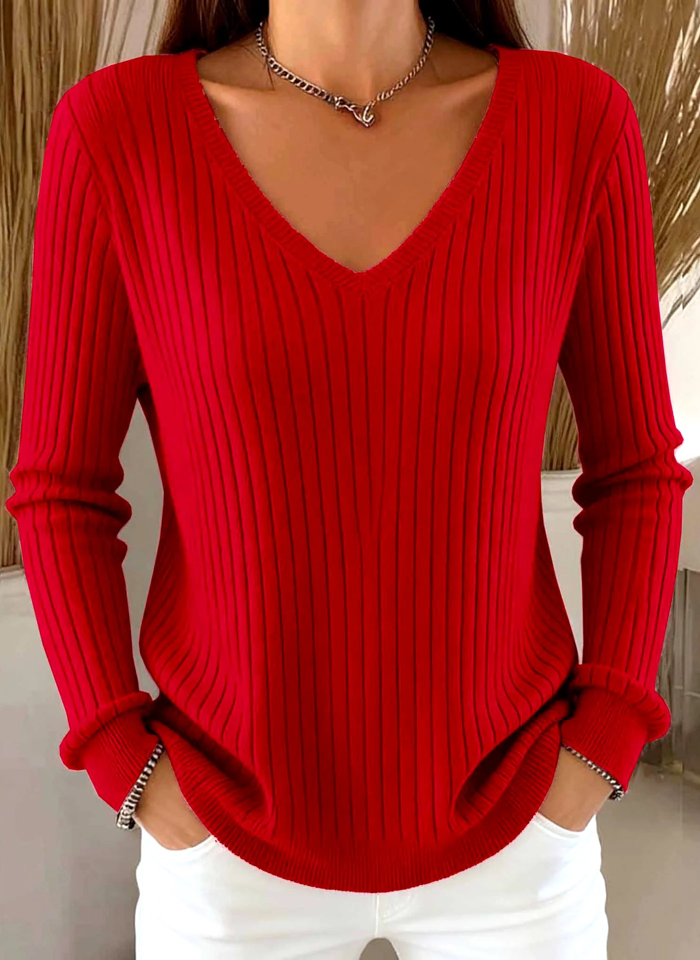 Casual Plain V Neck Long Sleeve T-shirt