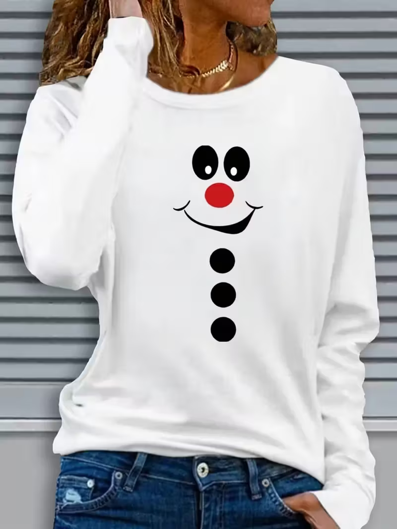 Casual Christmas Snowman Crew Neck Long Sleeve T-shirt