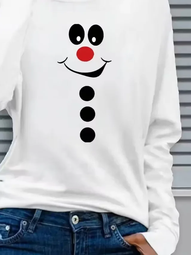 Casual Christmas Snowman Crew Neck Long Sleeve T-shirt