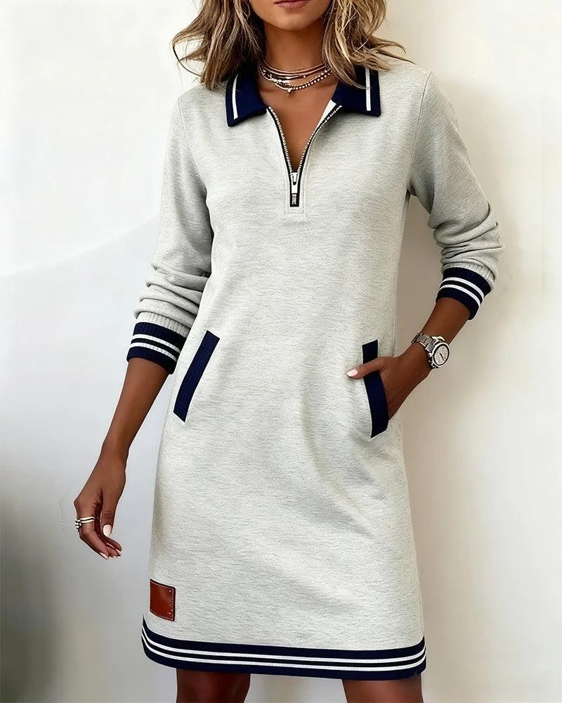 Women Multicolor Block Spring/Fall Dress Shawl Collar Long Sleeve H-Line Dress