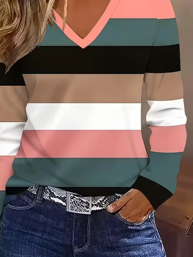 Casual Striped V Neck Long Sleeve T-shirt