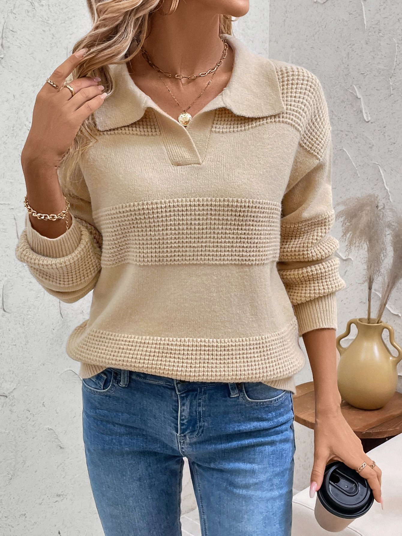 Women Cotton Plain Long Sleeve Comfy Casual Sweater