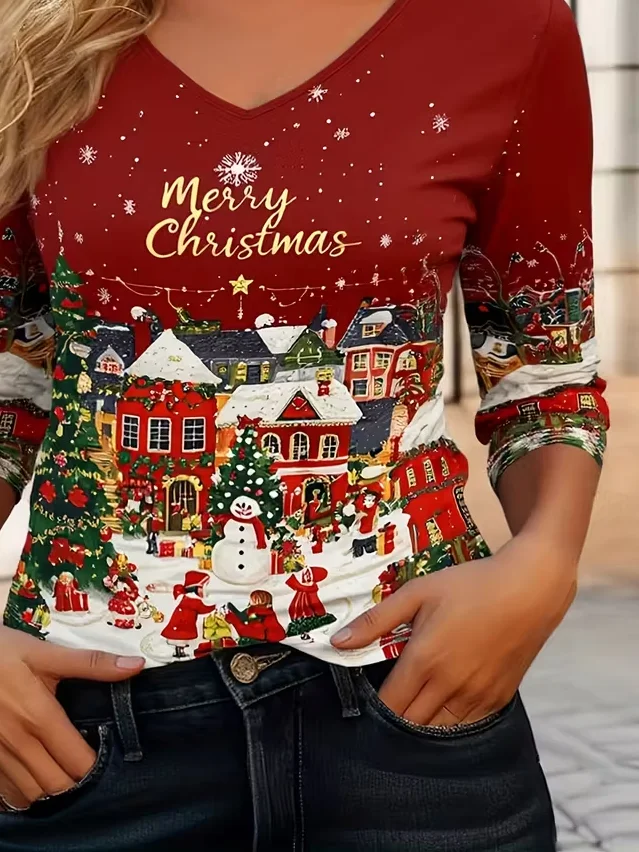 Casual Christmas Snowman V Neck Long Sleeve T-shirt