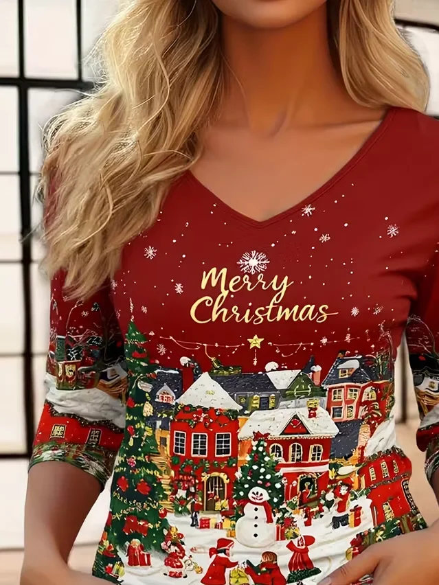 Casual Christmas Snowman V Neck Long Sleeve T-shirt