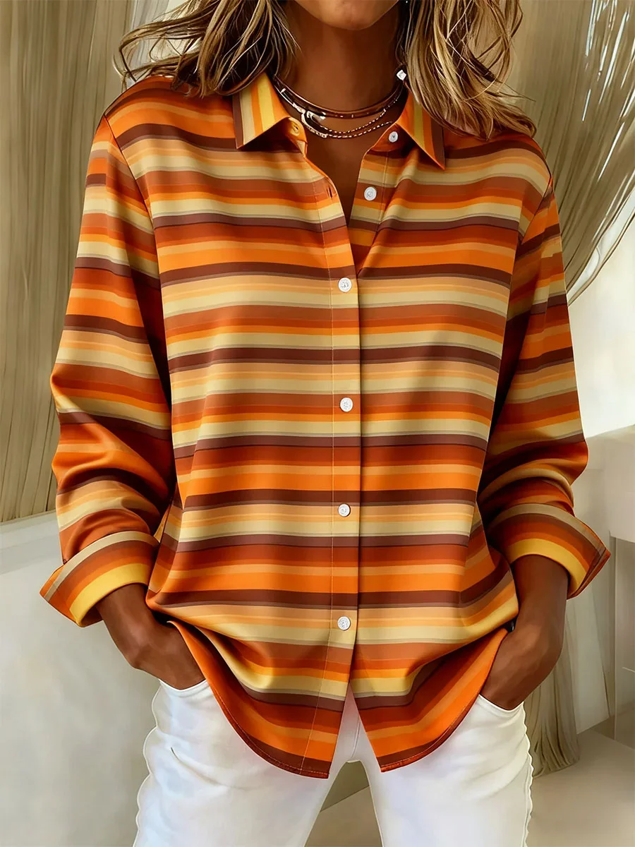 Shirt Collar Regular Sleeve Long Sleeve Striped Buckle Regular Loose Button Up Shirt Shirt For Women