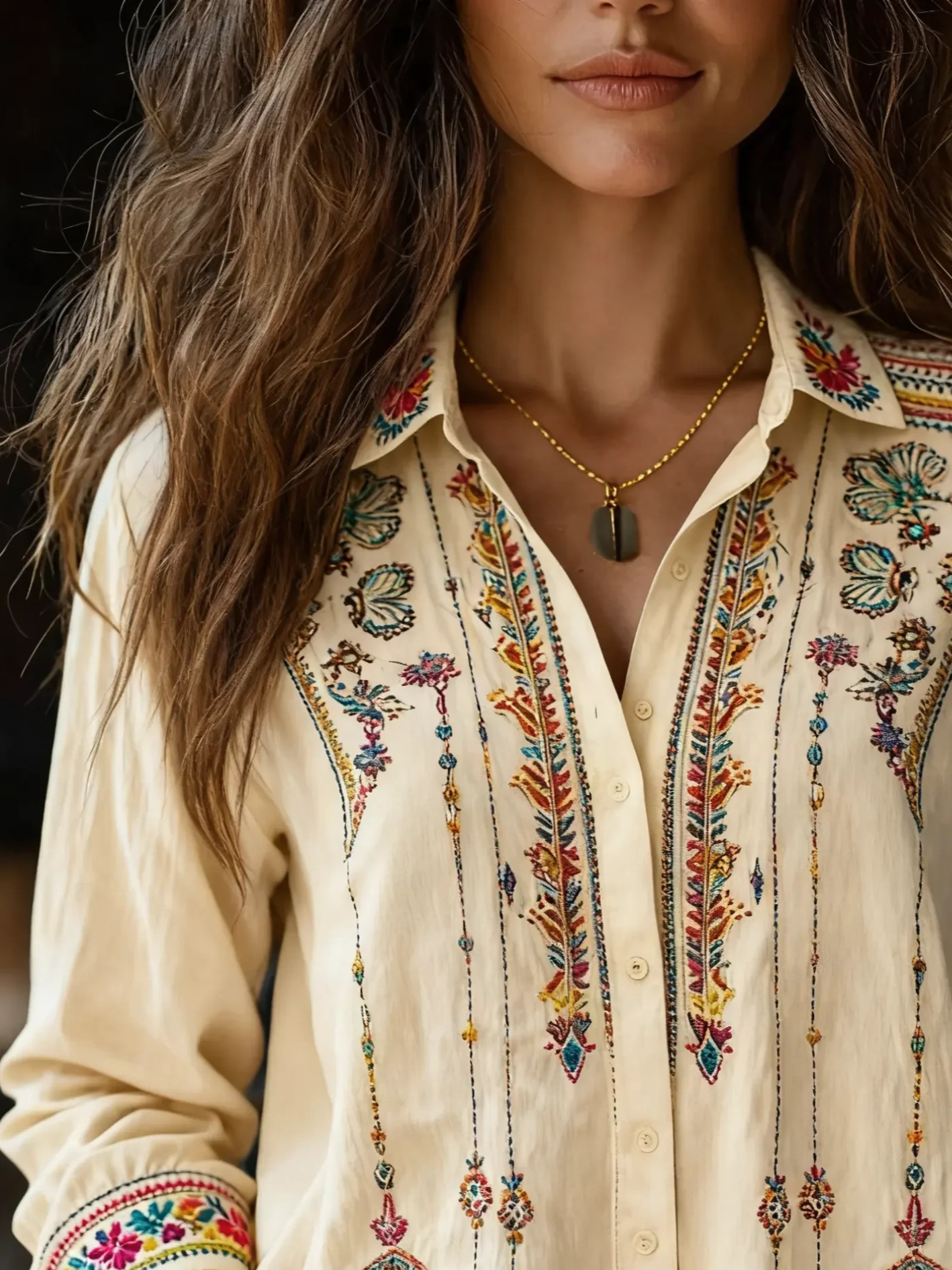 Shawl Collar Long Sleeve Geometric Regular Loose Shirt For Women