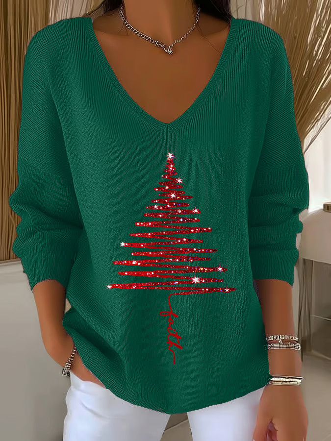 Casual Christmas V Neck Long Sleeve T-shirt