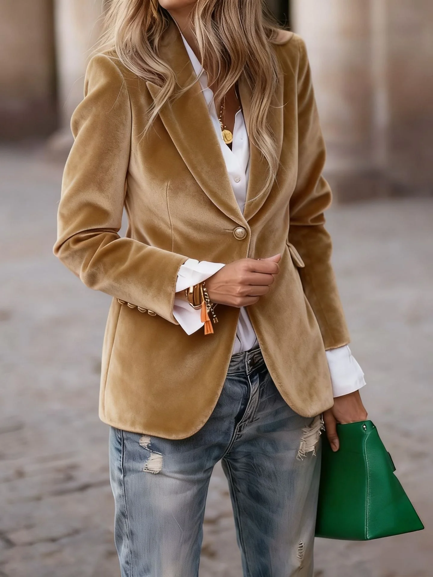 Women Plain Spring/Fall Outerwear Vintage Split Joint Long Sleeve Lapel Collar Regular Blazer