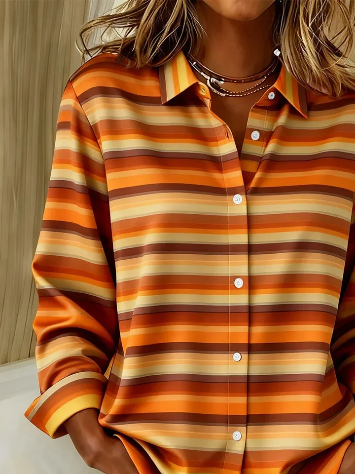 Shirt Collar Regular Sleeve Long Sleeve Striped Buckle Regular Loose Button Up Shirt Shirt For Women