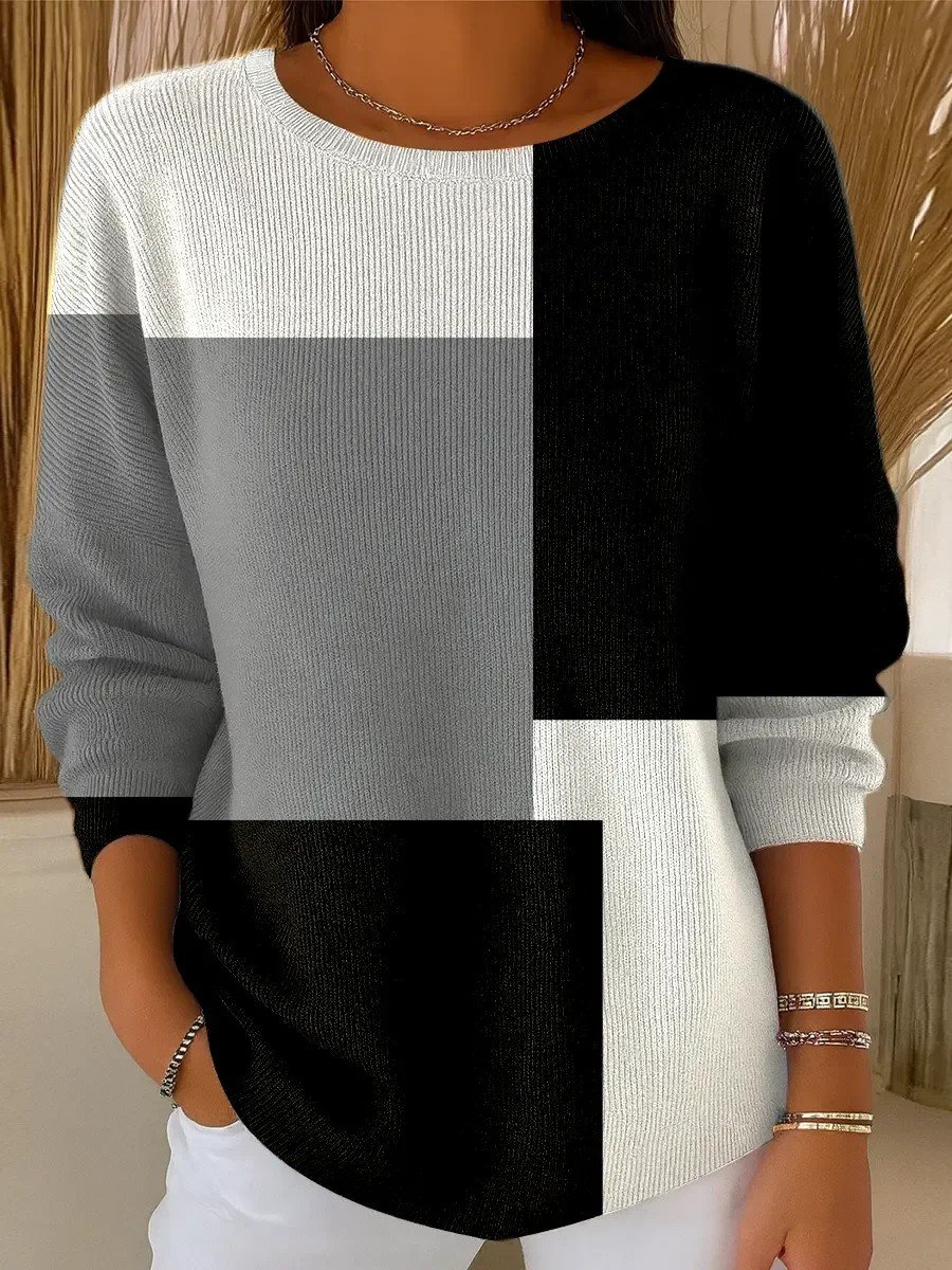Black And White Colorblock Simple Loose Crew Neck Knit Top