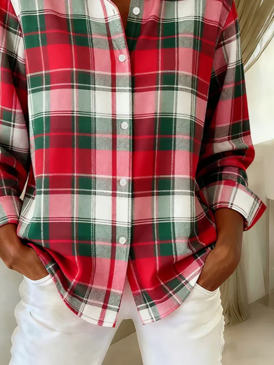 Shirt Collar Regular Sleeve Long Sleeve Plaid Buckle Regular Loose Button Up Shirt Shirt For Women