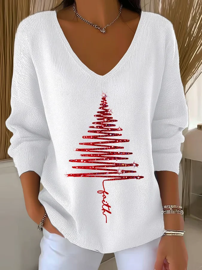 Casual Christmas V Neck Long Sleeve T-shirt