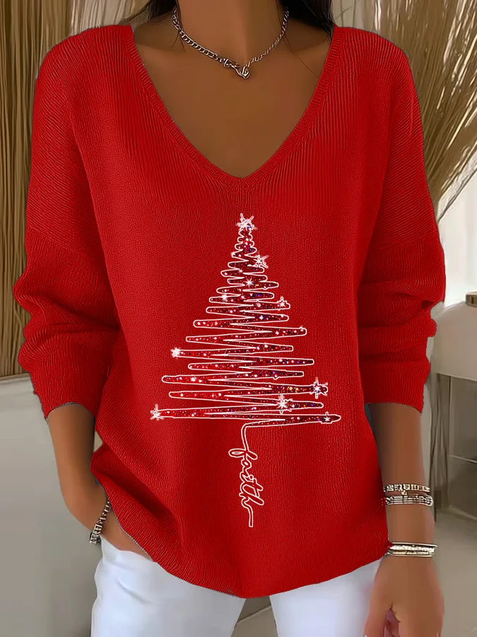 Casual Christmas V Neck Long Sleeve T-shirt
