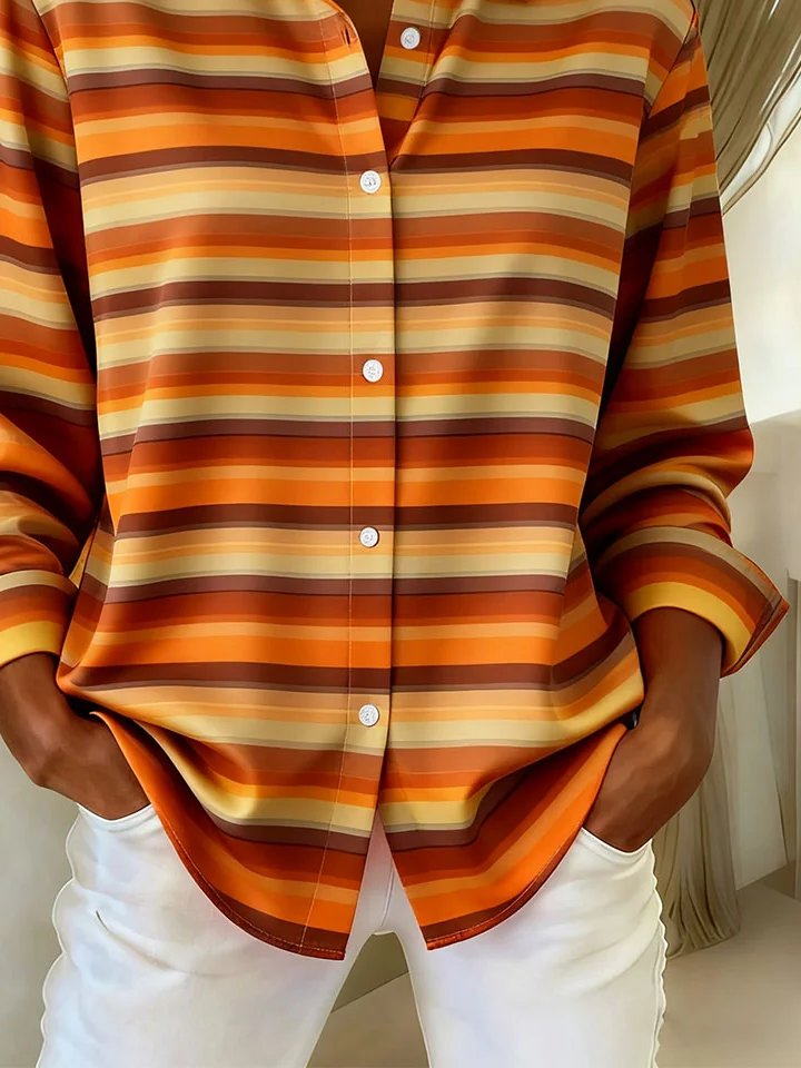 Shirt Collar Regular Sleeve Long Sleeve Striped Buckle Regular Loose Button Up Shirt Shirt For Women