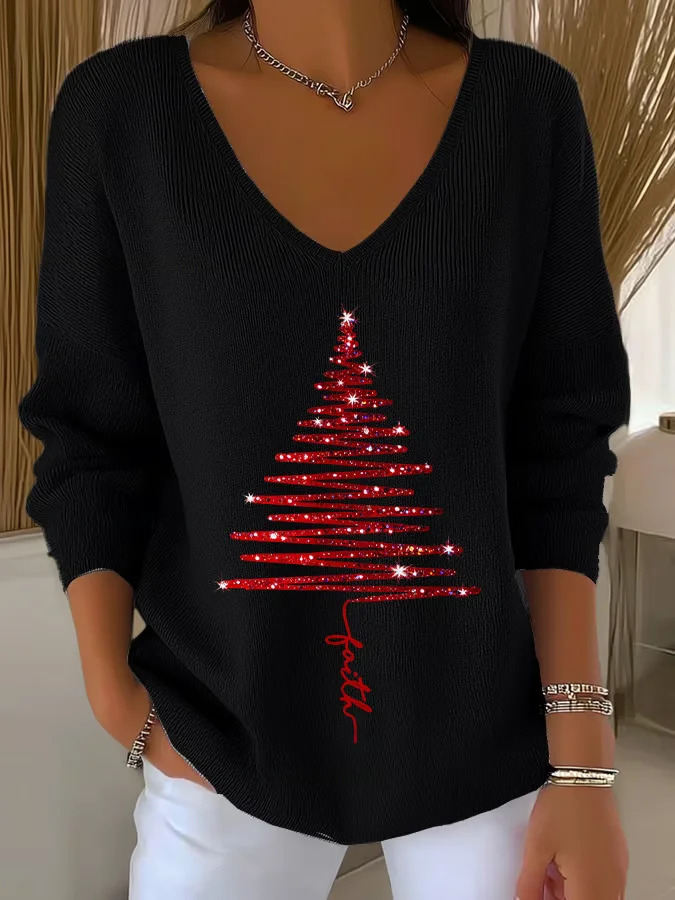 Casual Christmas V Neck Long Sleeve T-shirt