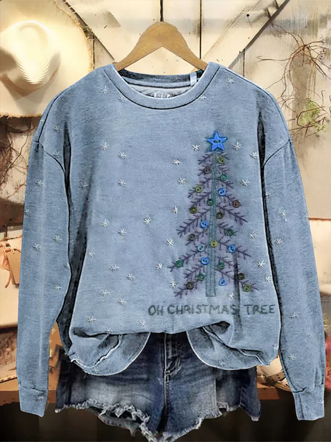Casual Crew Neck Christmas Sweatshirt Printing