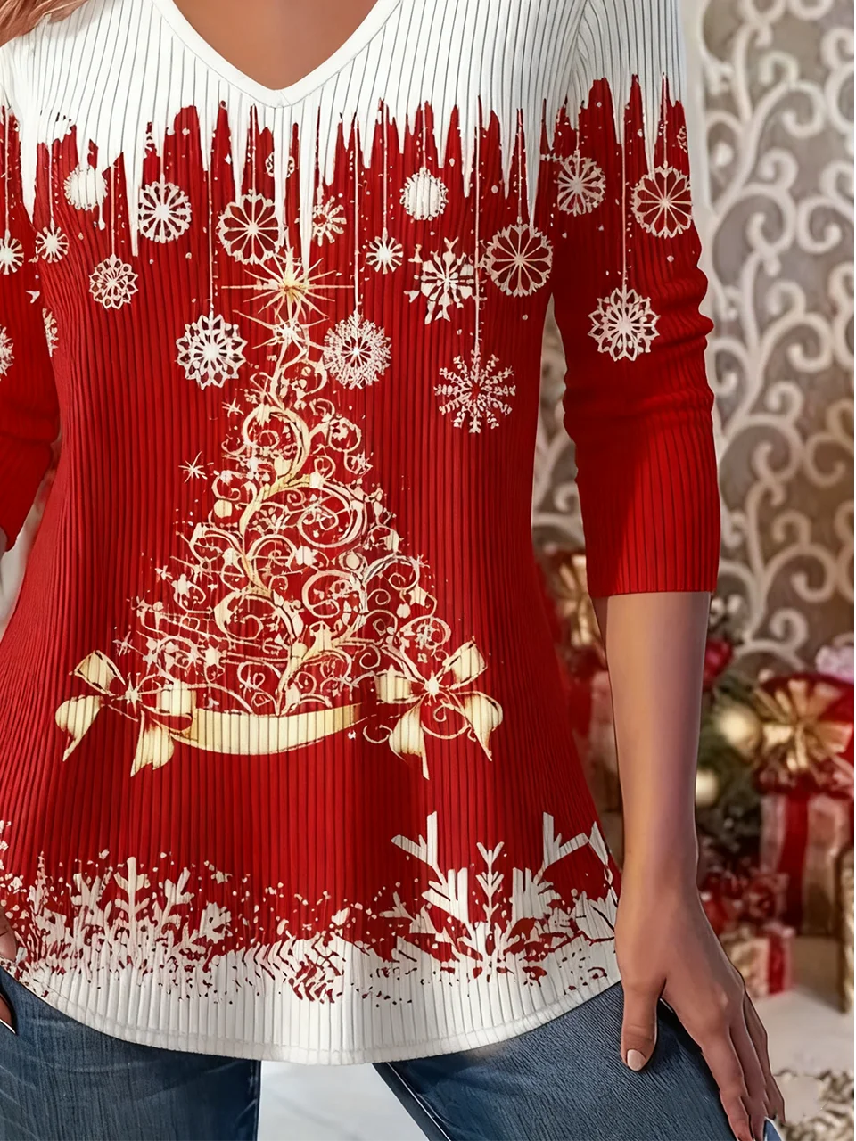 Christmas Simple Loose V Neck Knit Top