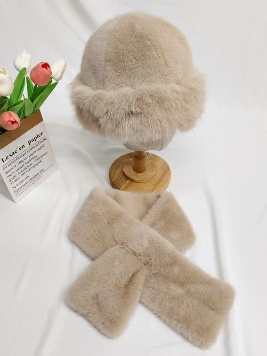 Winter Mongolian Hat, Plush Hat And Scarf For Women Thickened Warm Stylish Ear-covering Hat Faux Mink Fur 2-piece Set