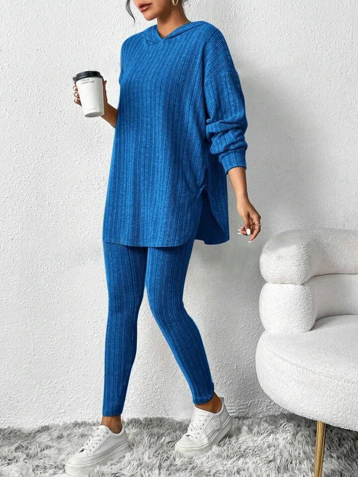 Women Plain Embossed Two-Piece Set Daily Long Sleeve Casual Spring/Fall Top With Pants Matching Set