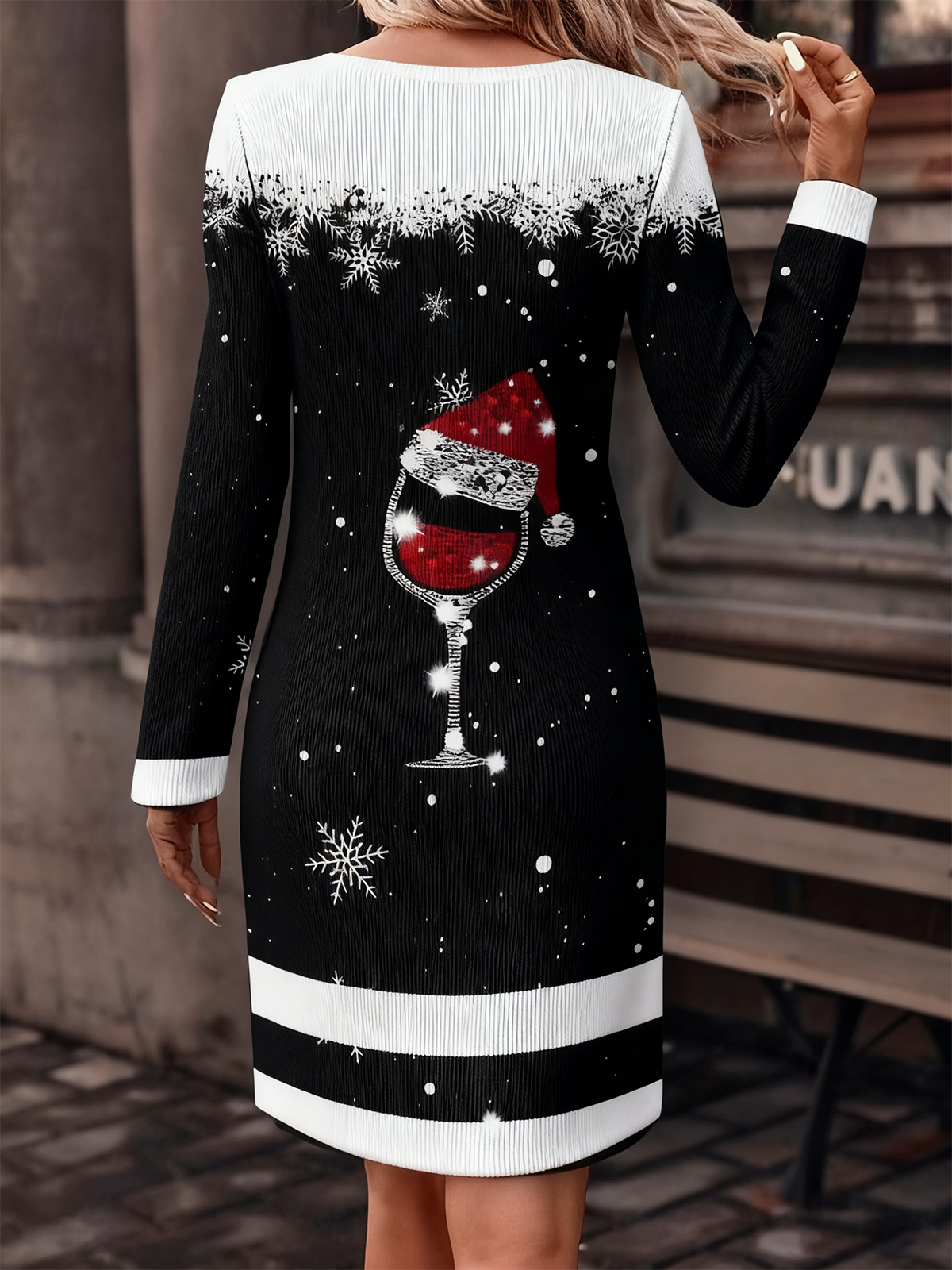 Women Christmas Autumn Dress Crew Neck Long Sleeve H-Line Dress