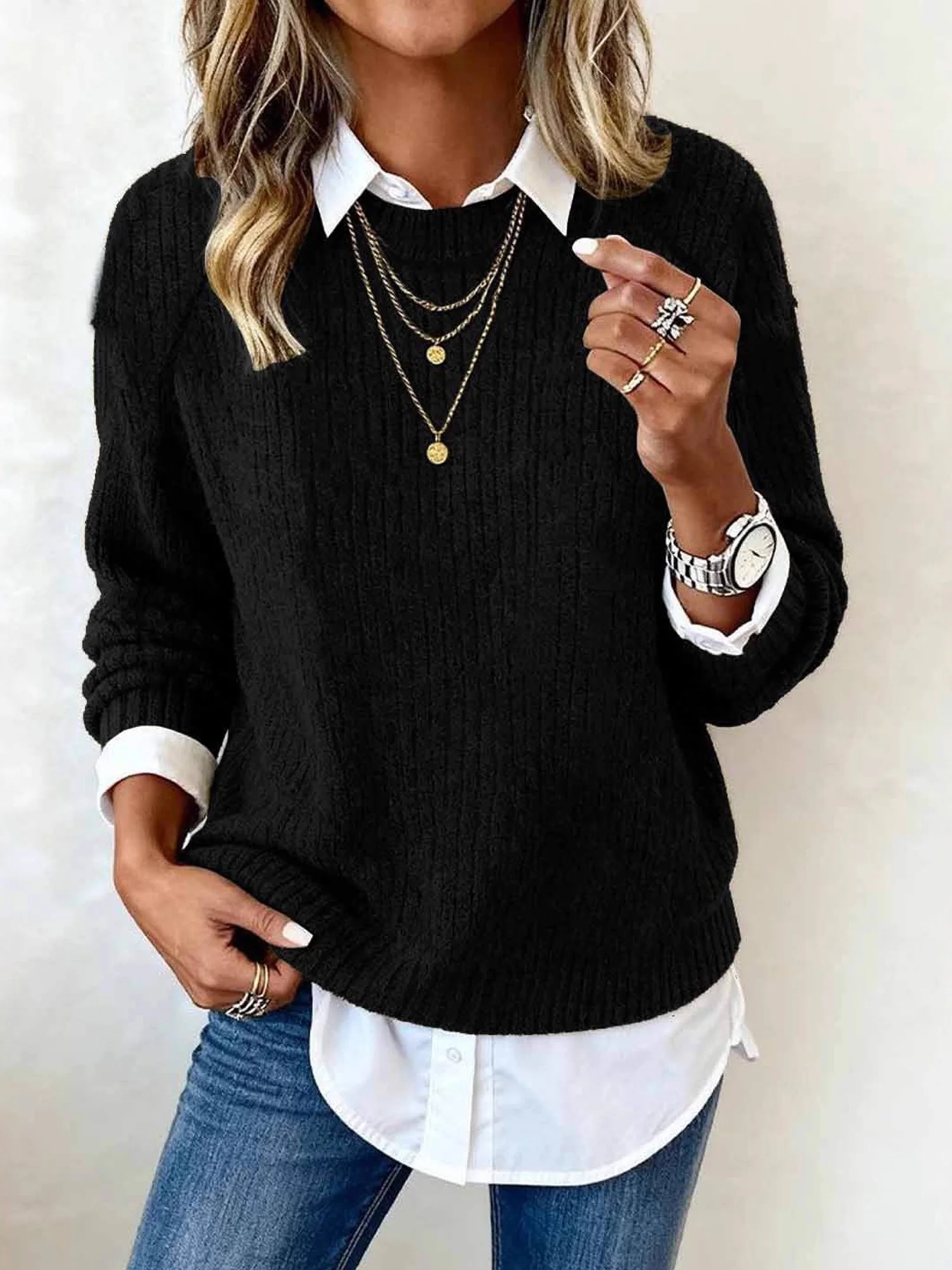 Women Plain Long Sleeve Comfy Casual Sweater