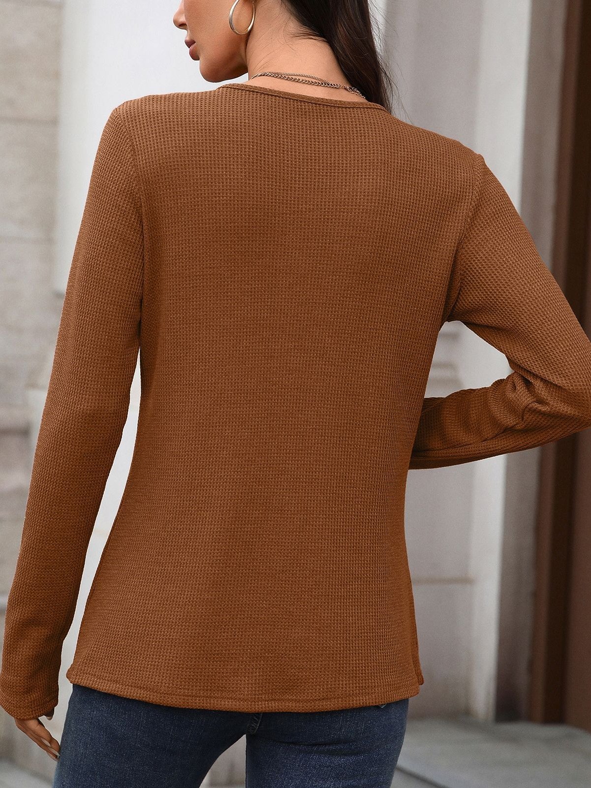 Casual Plain V Neck Long Sleeve T-shirt