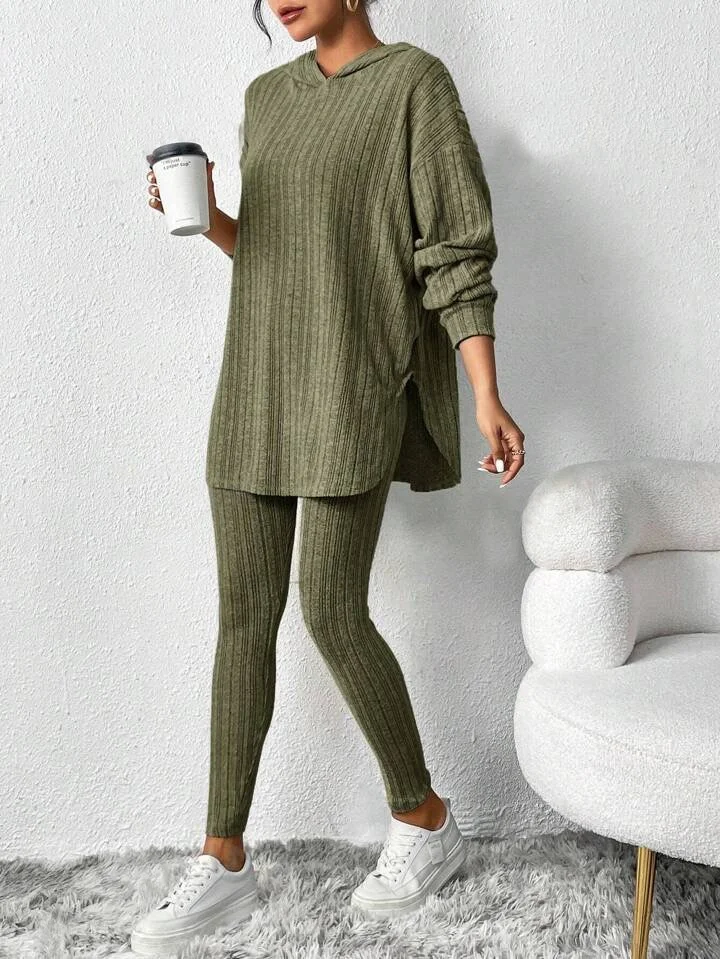Women Plain Embossed Two-Piece Set Daily Long Sleeve Casual Spring/Fall Top With Pants Matching Set