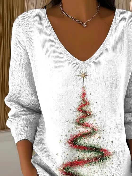 Casual Christmas V Neck Long Sleeve T-shirt