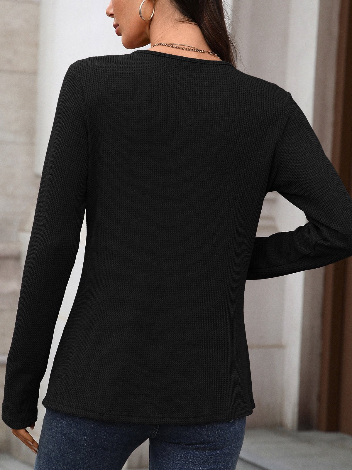 Casual Plain V Neck Long Sleeve T-shirt