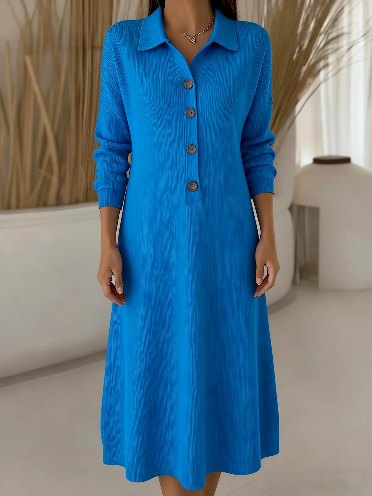 Women Plain Autumn Dress Shawl Collar Long Sleeve H-Line Dress