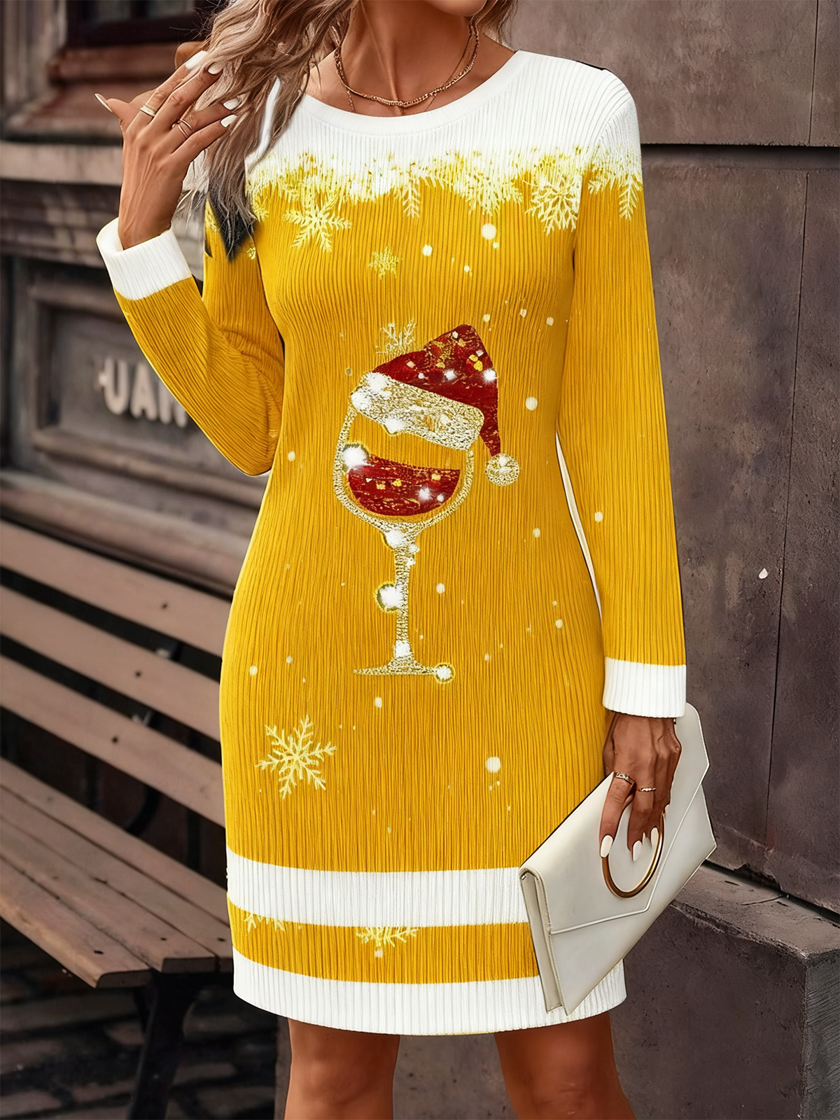 Women Christmas Autumn Dress Crew Neck Long Sleeve H-Line Dress