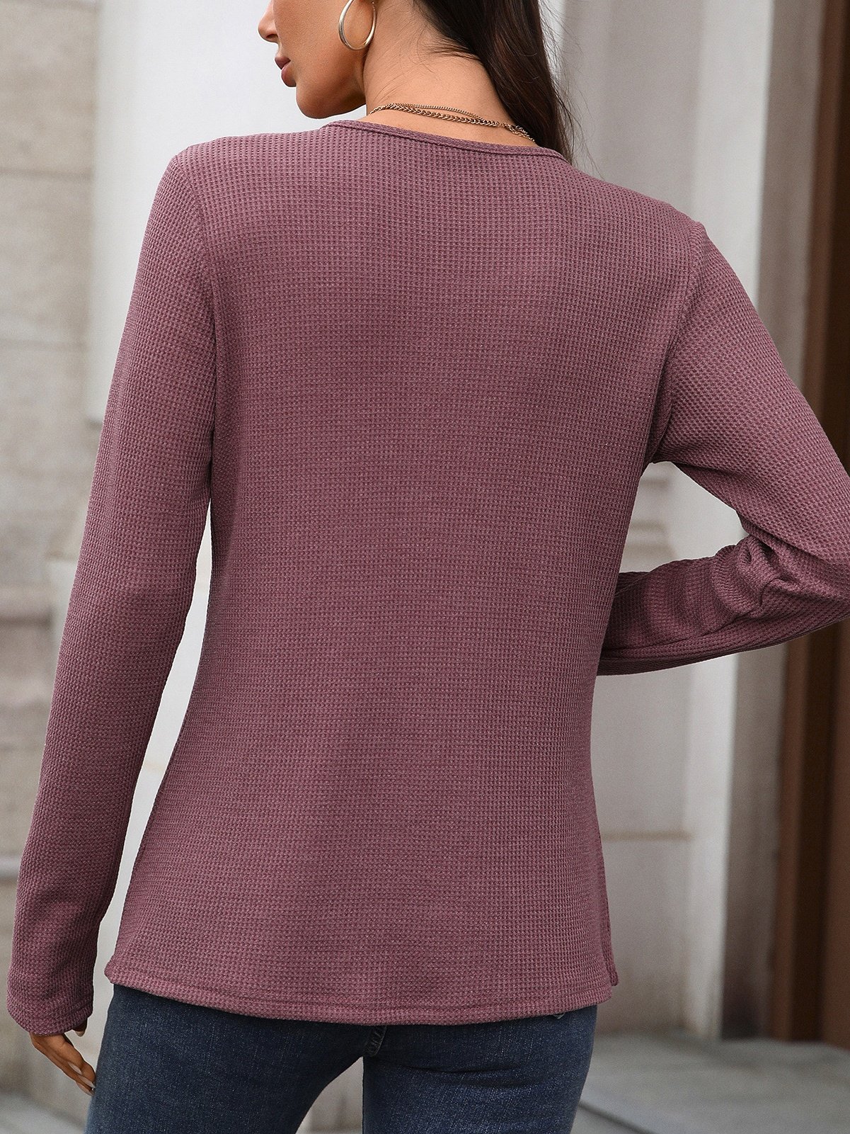 Casual Plain V Neck Long Sleeve T-shirt