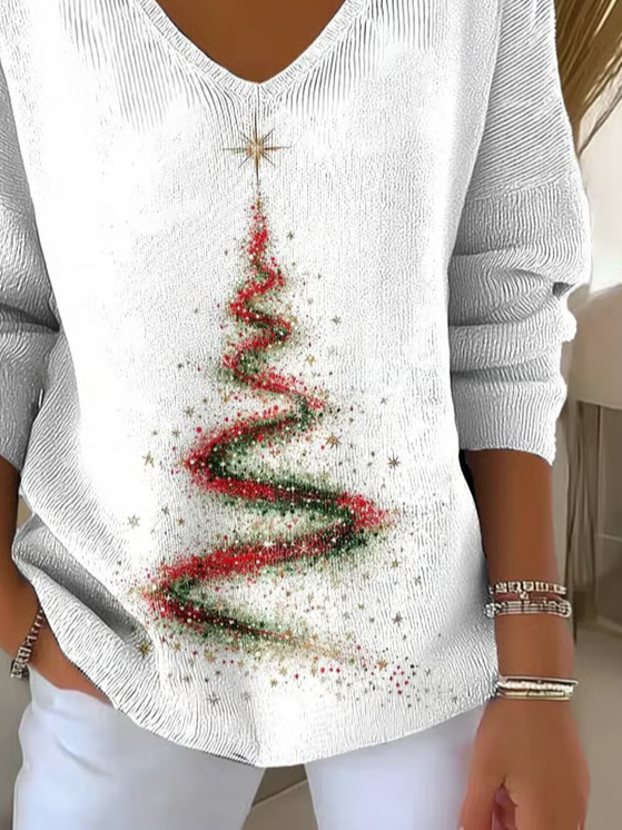 Casual Christmas V Neck Long Sleeve T-shirt