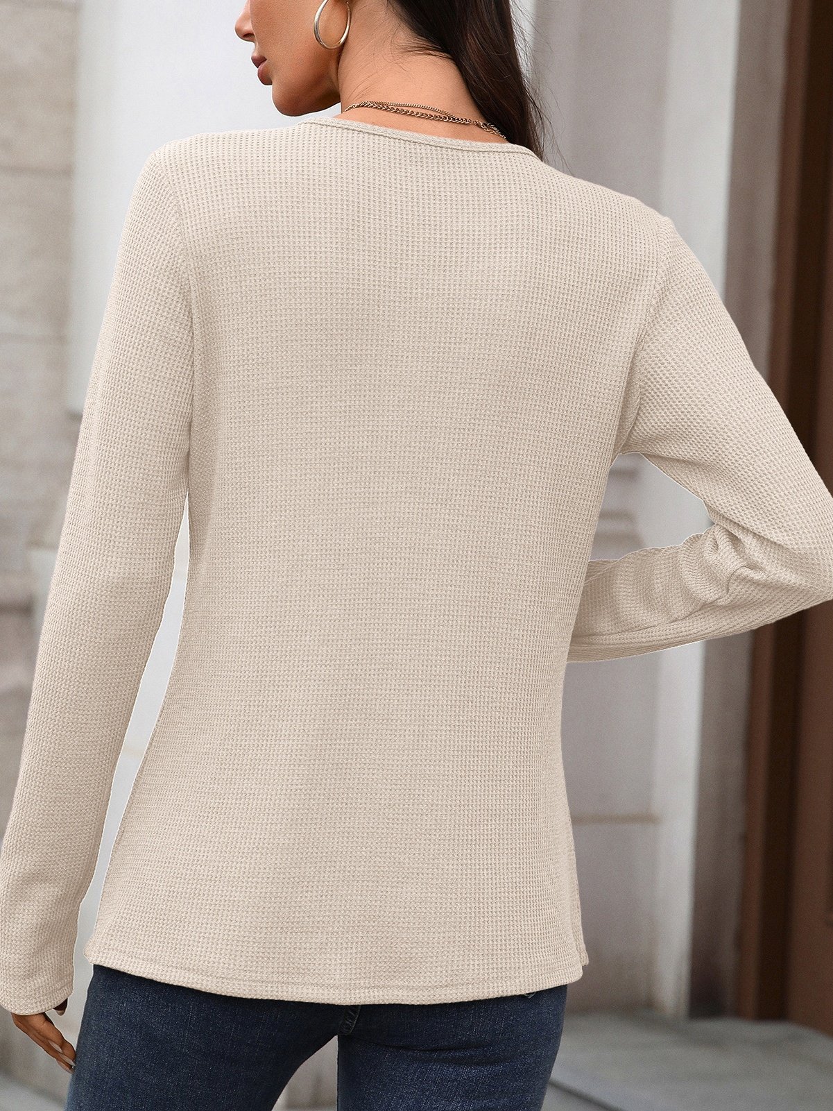 Casual Plain V Neck Long Sleeve T-shirt