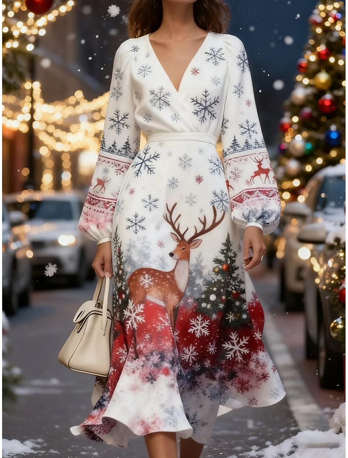 Women Christmas Puff Sleeve Spring/Fall Dress V Neck Long Sleeve A-Line Dress