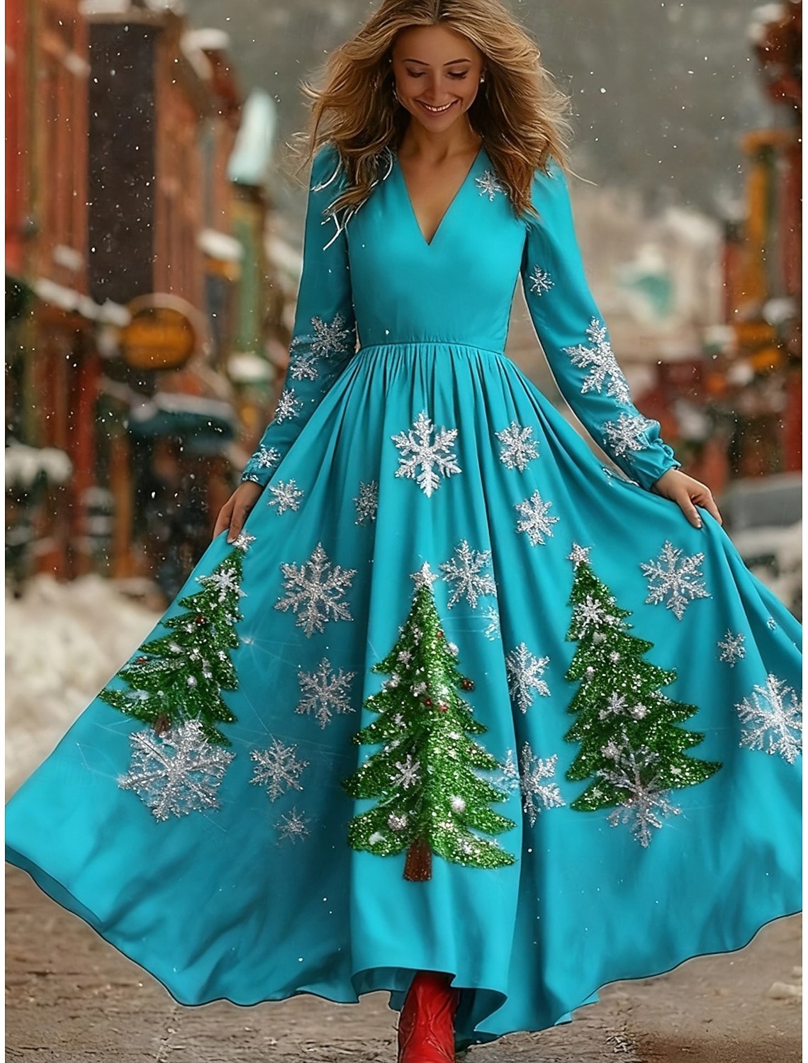 Women Christmas Spring/Fall Dress V Neck Long Sleeve A-Line Dress