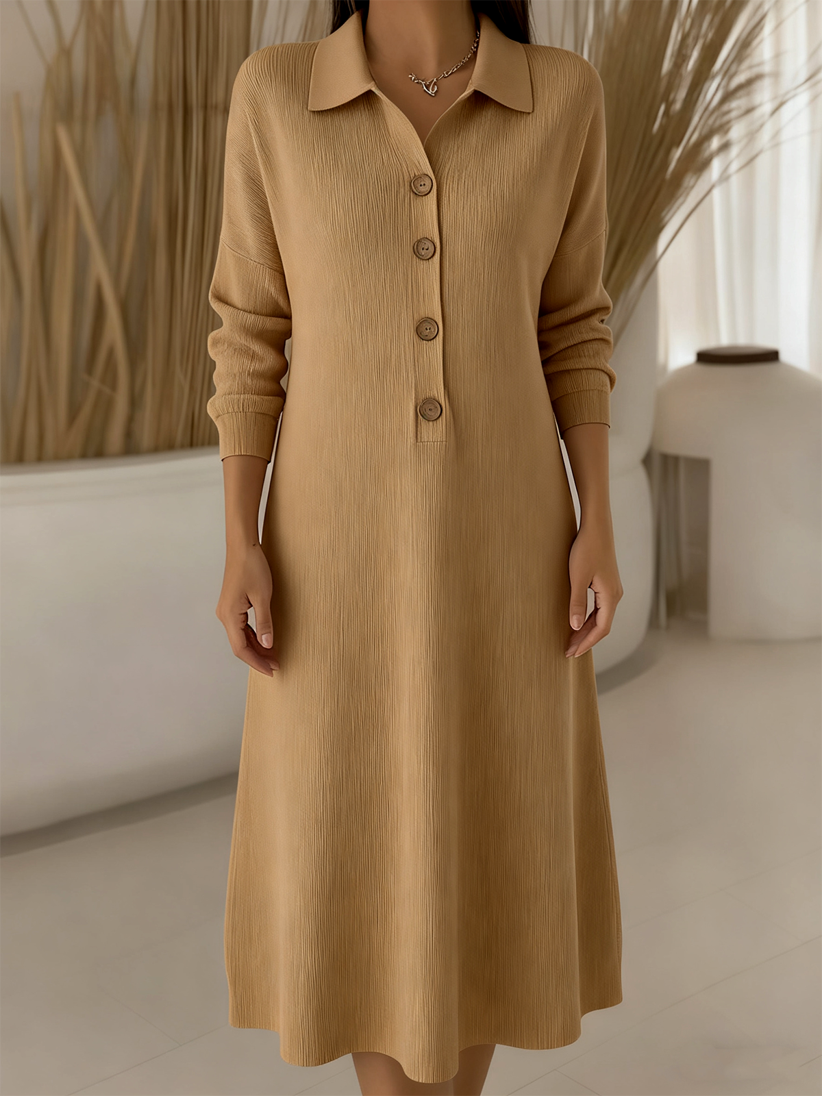 Women Plain Autumn Dress Shawl Collar Long Sleeve H-Line Dress