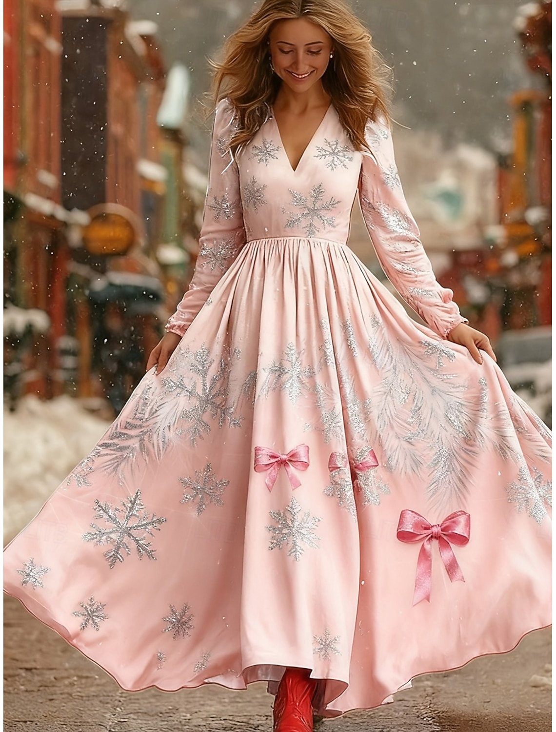 Women Christmas Spring/Fall Dress V Neck Long Sleeve A-Line Dress