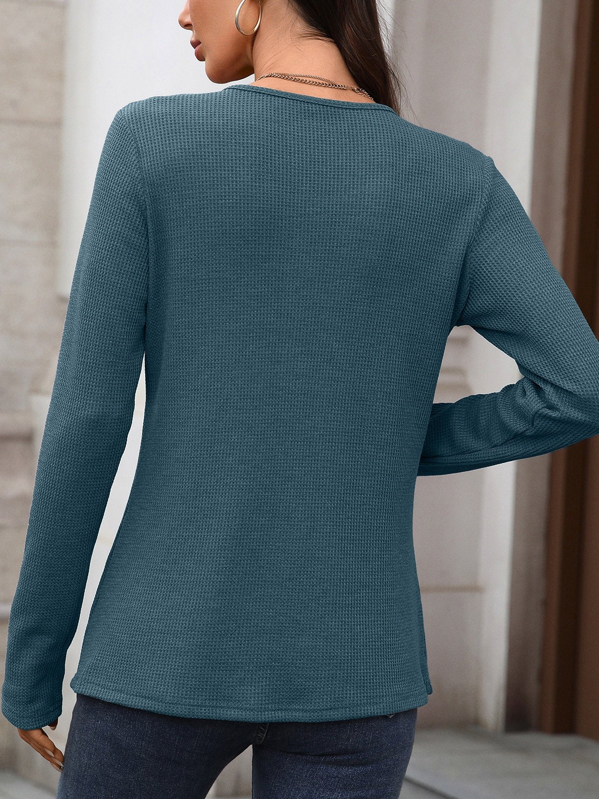 Casual Plain V Neck Long Sleeve T-shirt