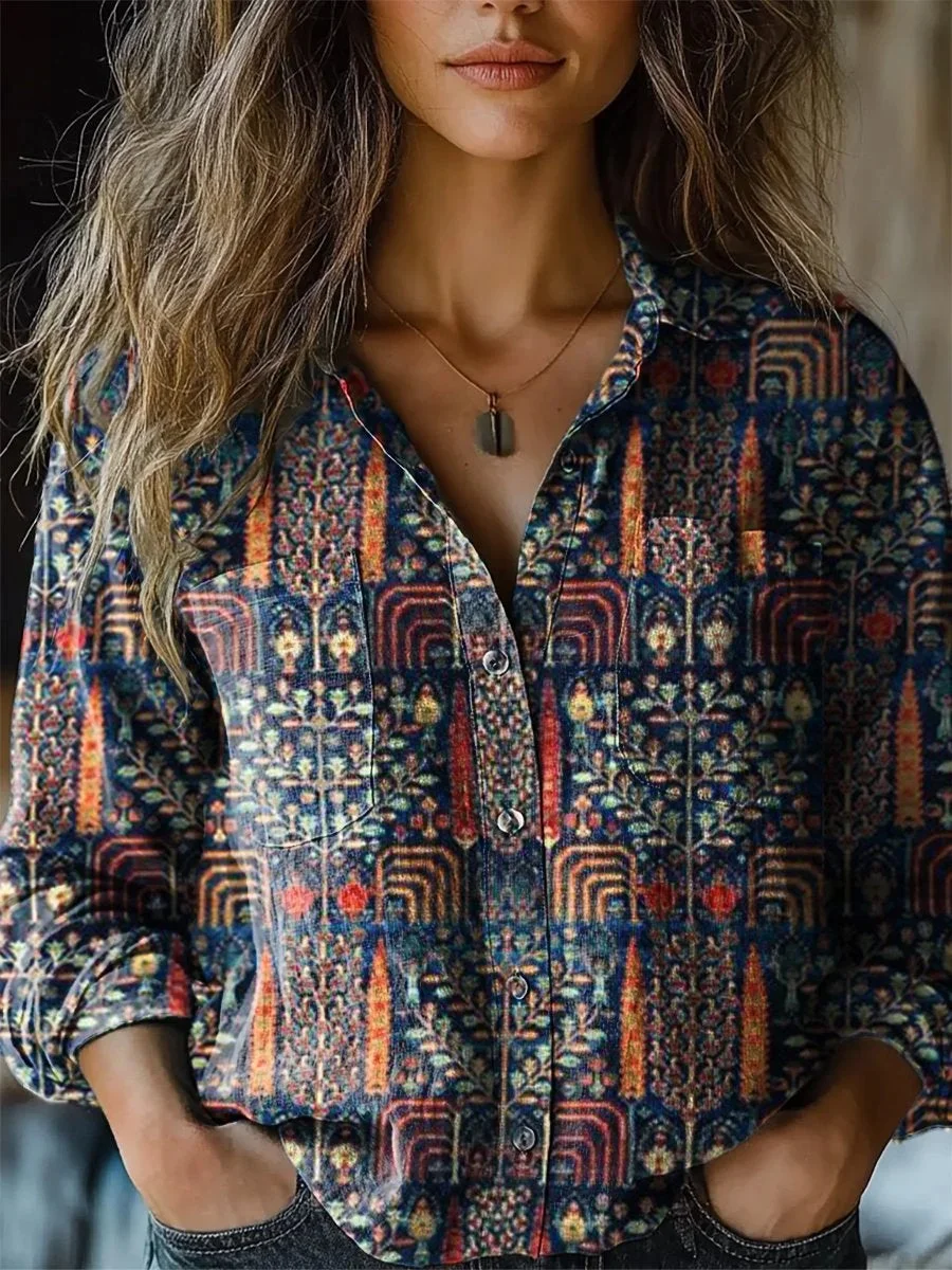 Shawl Collar Long Sleeve 3D Printing Regular Micro-Elasticity Loose Shirt For Women