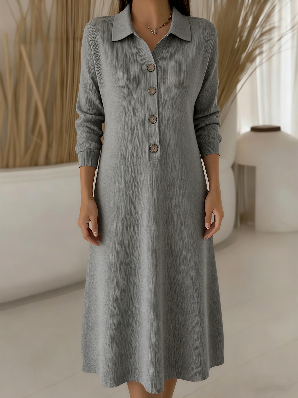 Women Plain Autumn Dress Shawl Collar Long Sleeve H-Line Dress