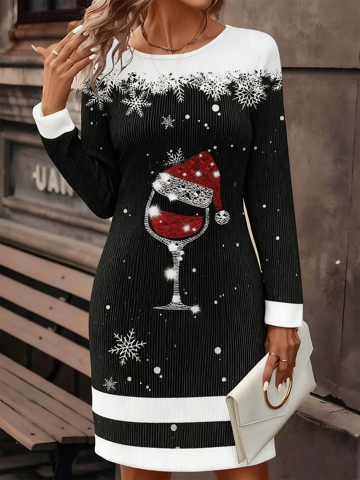 Women Christmas Autumn Dress Crew Neck Long Sleeve H-Line Dress