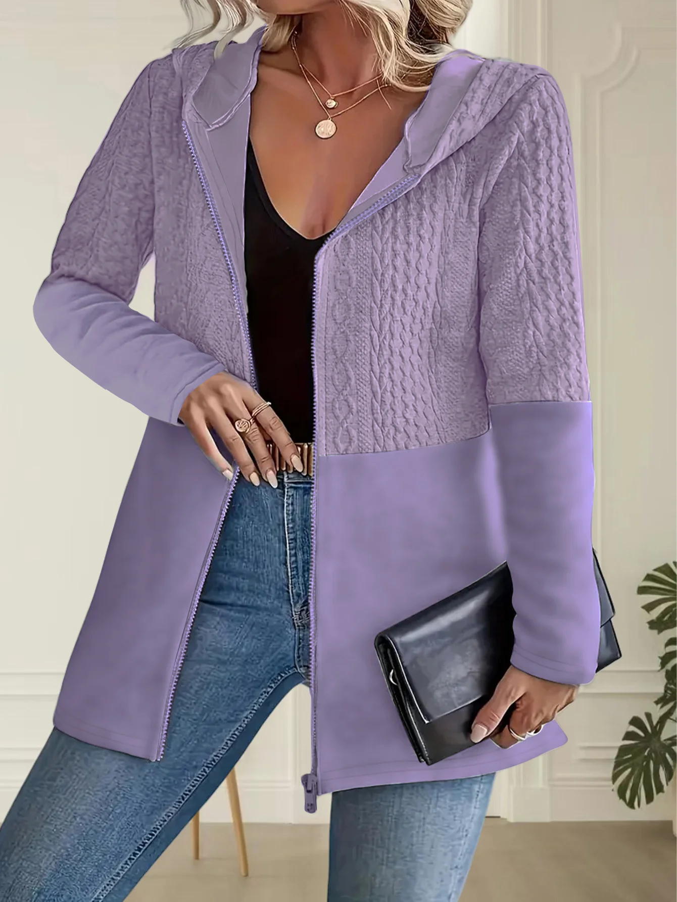 Women Spring/Fall Outerwear Casual Multicolor Block Long Sleeve Hoodie Jacket