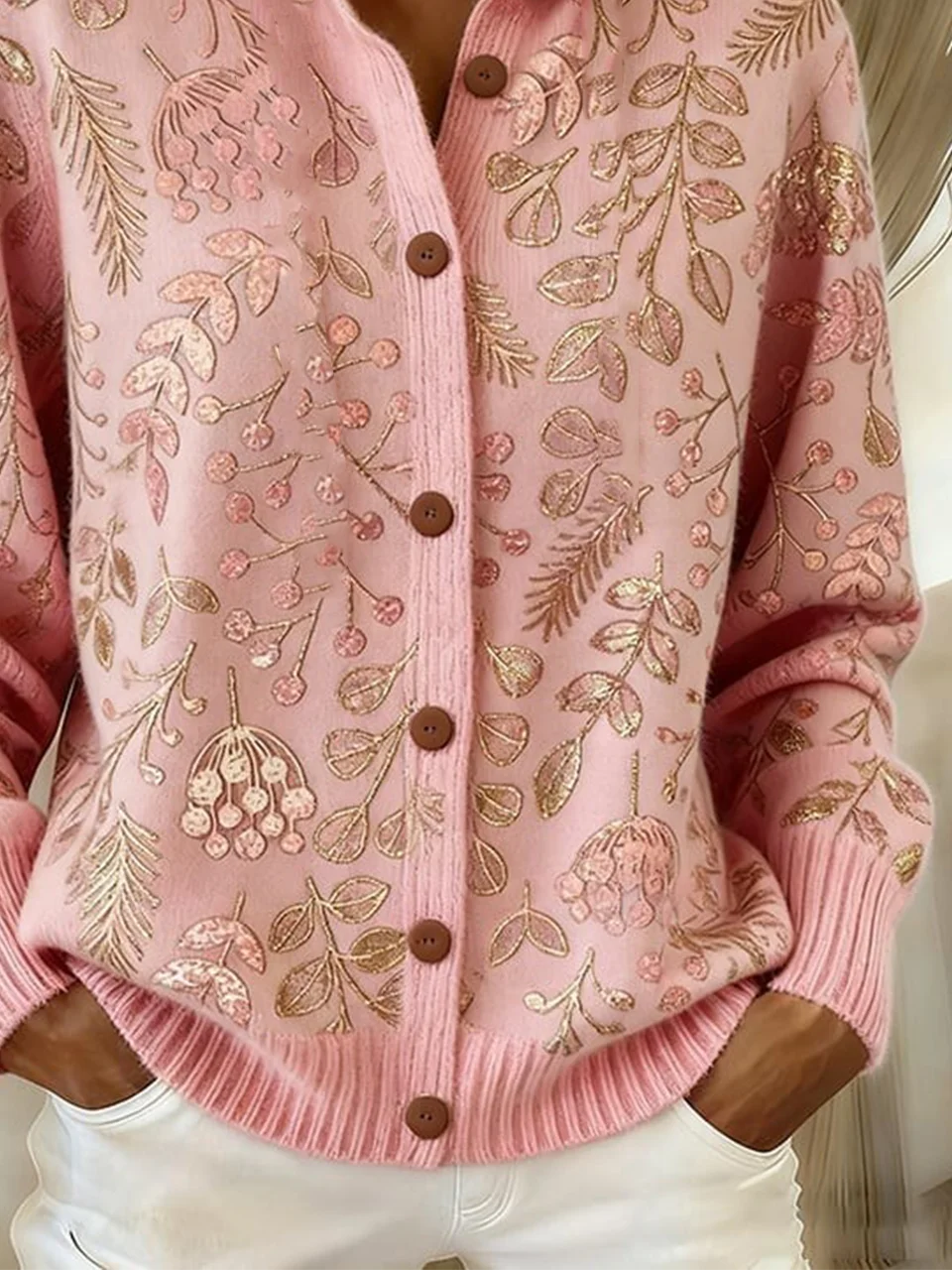 Women Wool/Knitting Botanical Pattern Long Sleeve Comfy Casual Cardigan