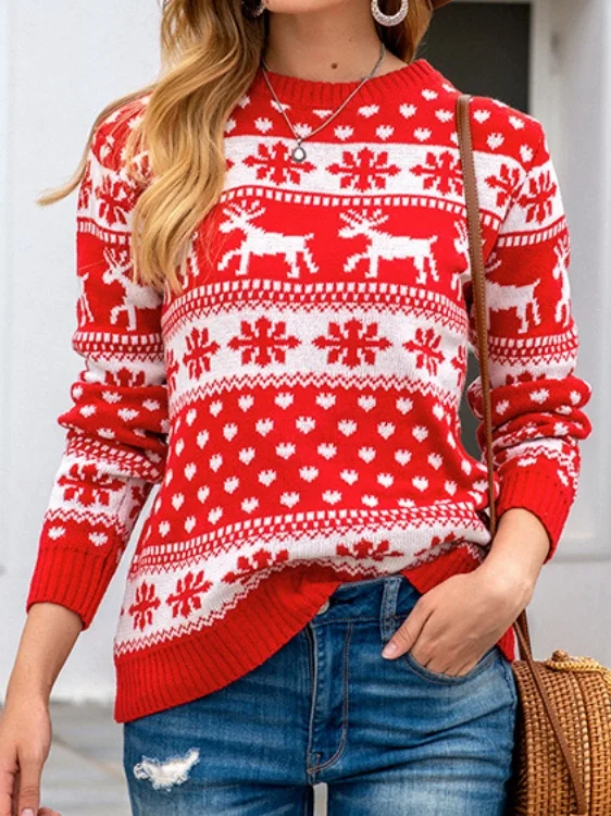 Women Snowflake Long Sleeve Comfy Casual Printing Sweater