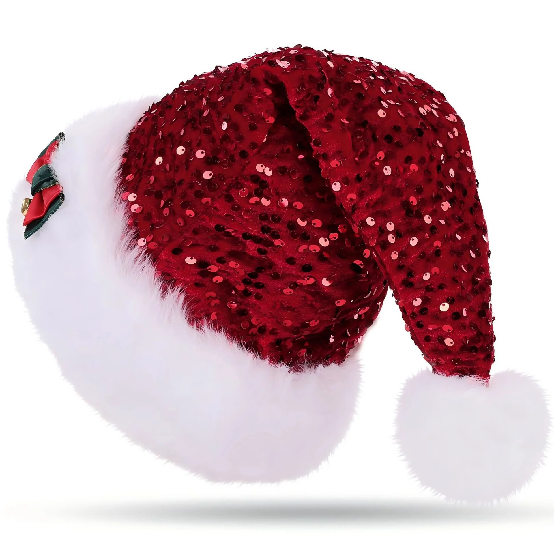 Christmas Red Sequined Bow Thickened Extra Large Pom-Pom Santa Claus Plush Hat