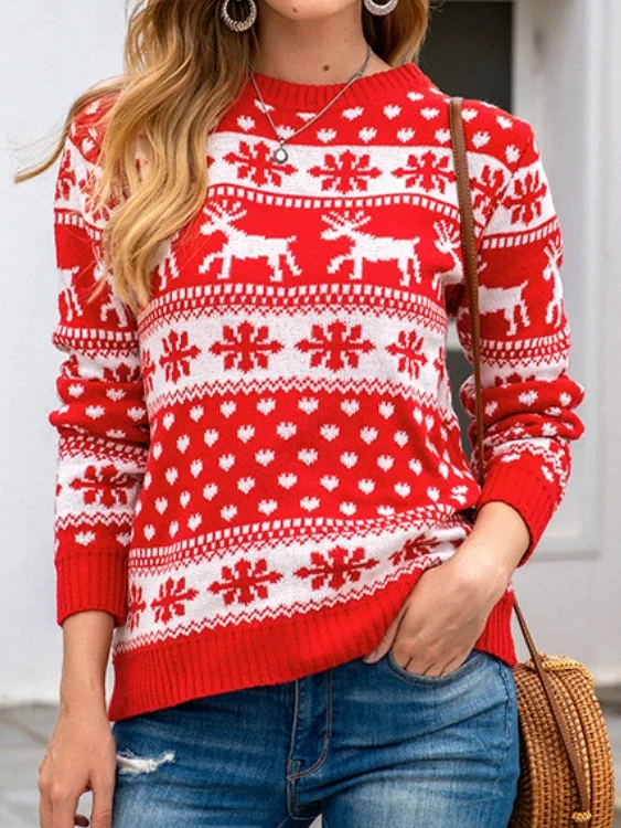 Women Snowflake Long Sleeve Comfy Casual Printing Sweater