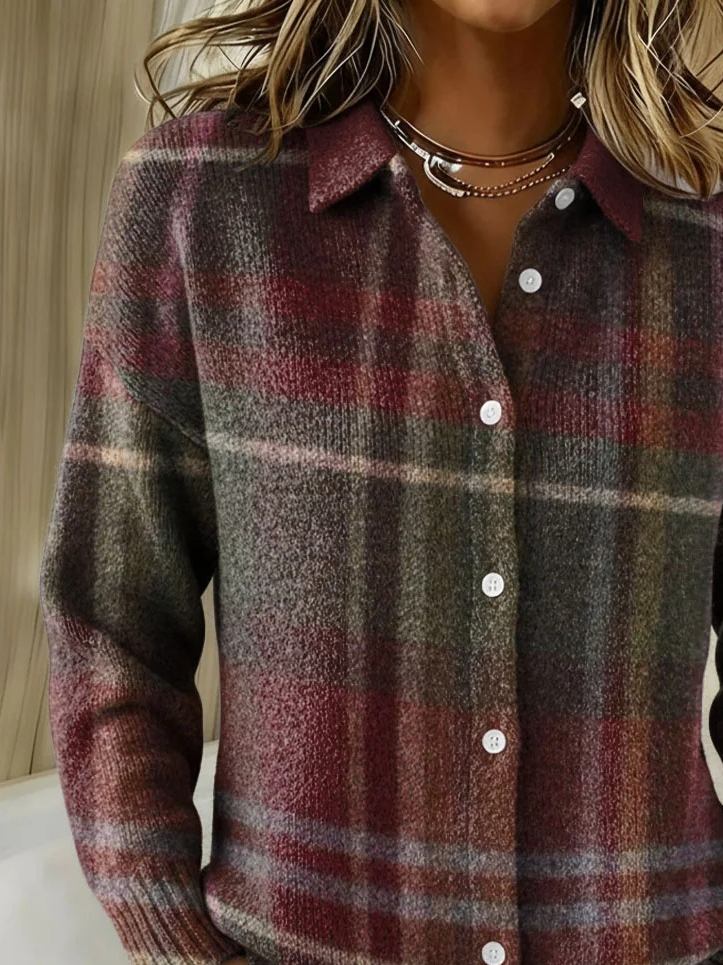 Women Plaid Long Sleeve Comfy Vintage Printing Cardigan