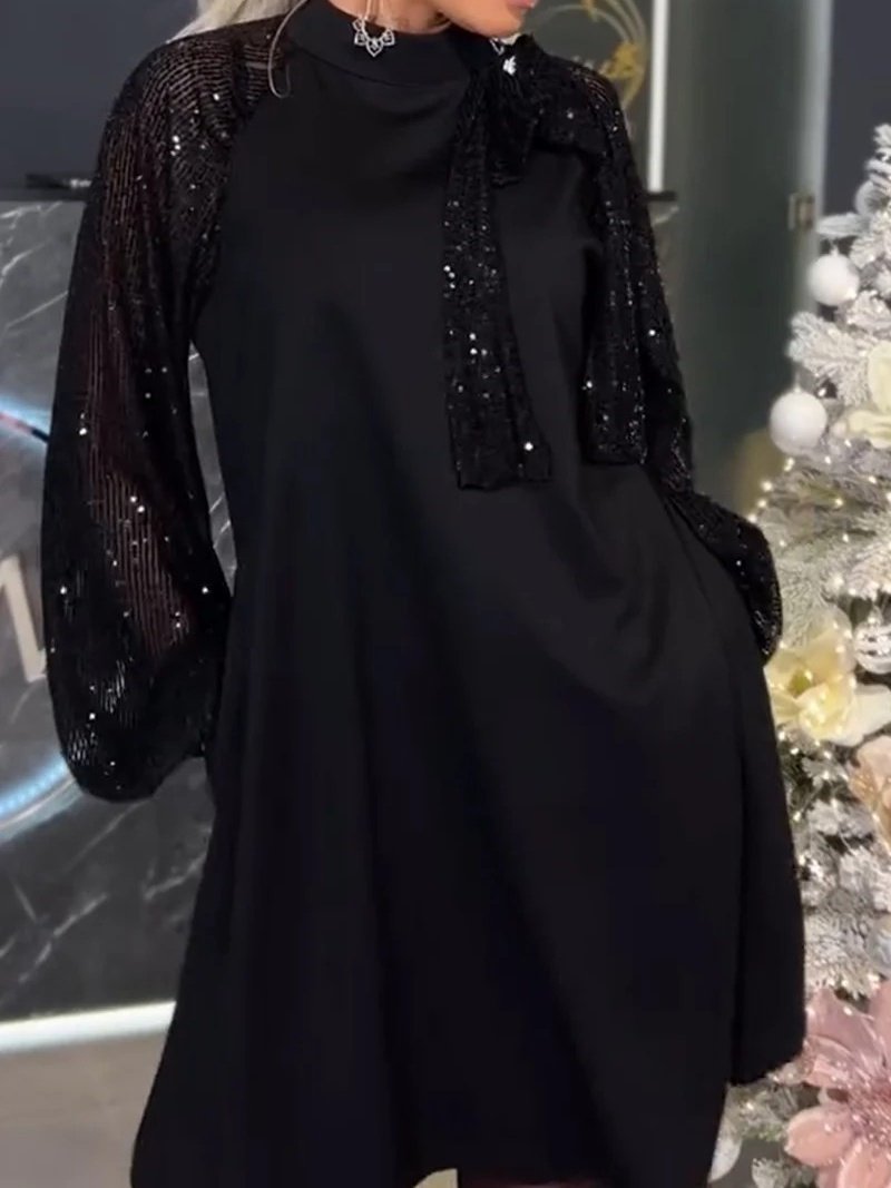 Women Plain Spring/Fall Split Joint Dress Crew Neck Long Sleeve Sequin A-Line Dress